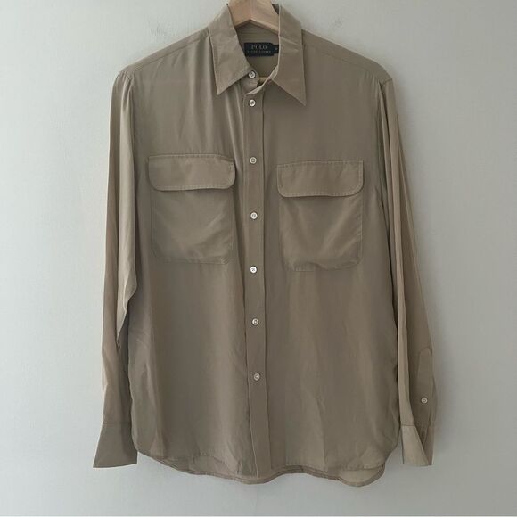 Polo Ralph Lauren 100% Silk Blouse Camp Shirt Taupe Tan Size 10 Quiet Luxury - Picture 1 of 10